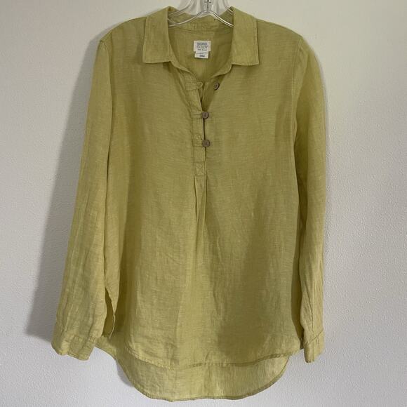 SIGRID OLSEN 100% Linen Tunic Blouse Roll Tab Slv. Citrine Yellow Natural Small‎ - Picture 1 of 9